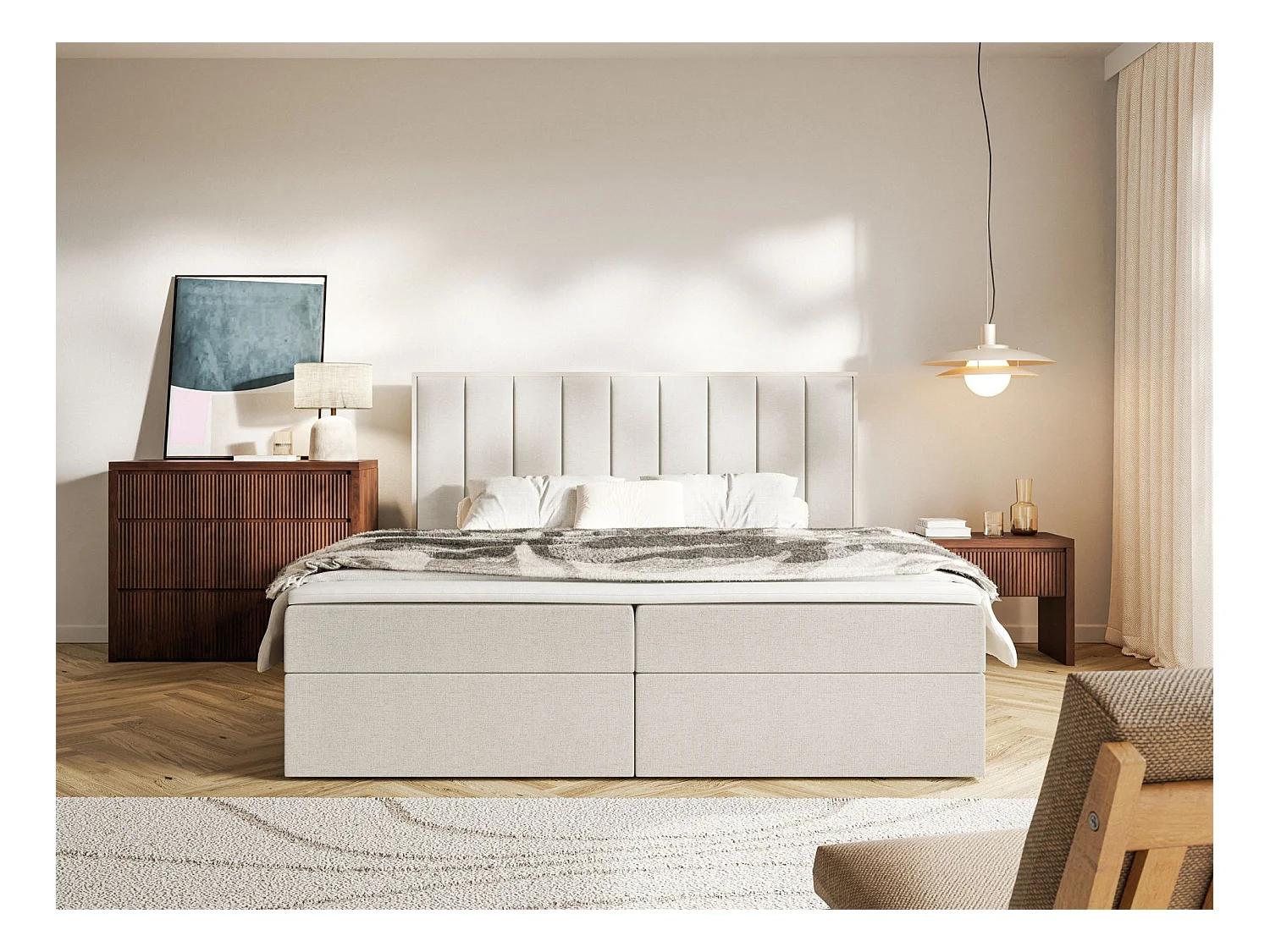 Lit boxspring 160x200 – rangement et surmatelas – chenille hydrophobe – beige clair – TOGENTS
