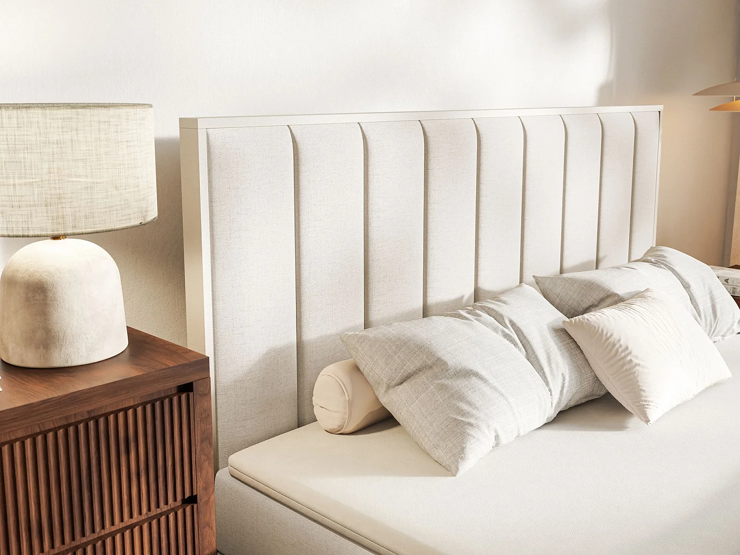 Lit boxspring 160x200 – rangement et surmatelas – chenille hydrophobe – beige clair – TOGENTS