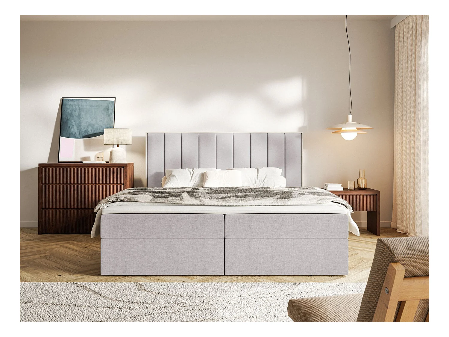 Lit boxspring 160x200 – rangement et surmatelas – chenille hydrophobe – gris – TOGENTS