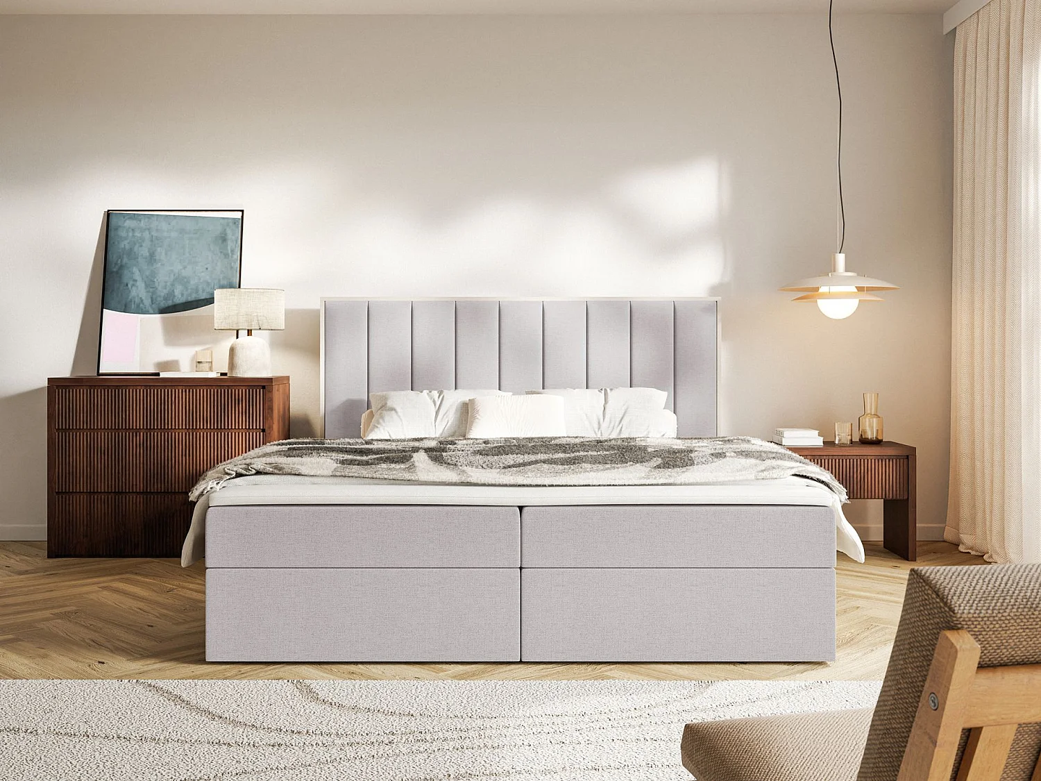 Boxspringbed 160x200 – opbergruimte en topper – hydrofobe chenille – grijs – TOGENTS