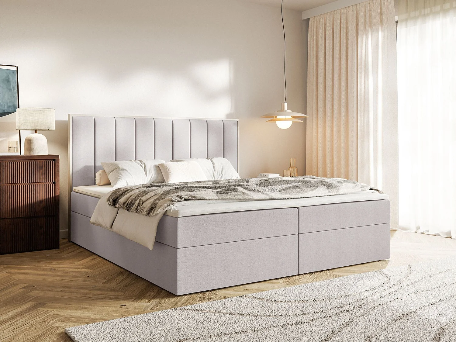 Boxspringbed 160x200 – opbergruimte en topper – hydrofobe chenille – grijs – TOGENTS