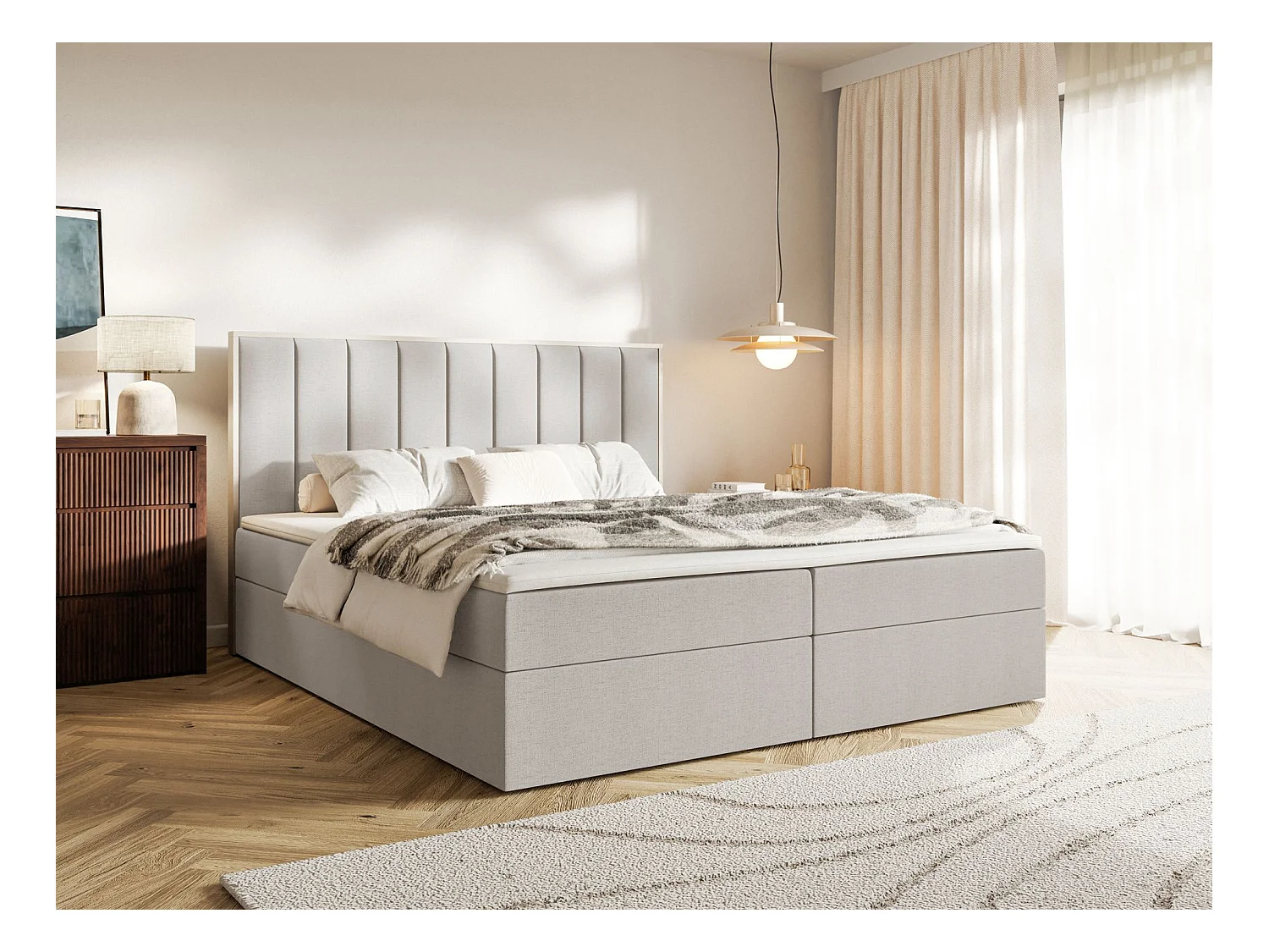 Lit boxspring 140x200 – rangement et surmatelas – chenille hydrophobe – gris beige – TOGENTS