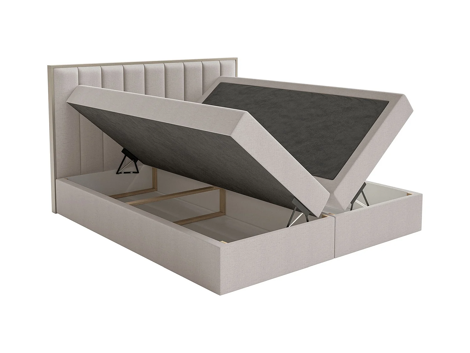 Lit boxspring 140x200 – rangement et surmatelas – chenille hydrophobe – gris beige – TOGENTS
