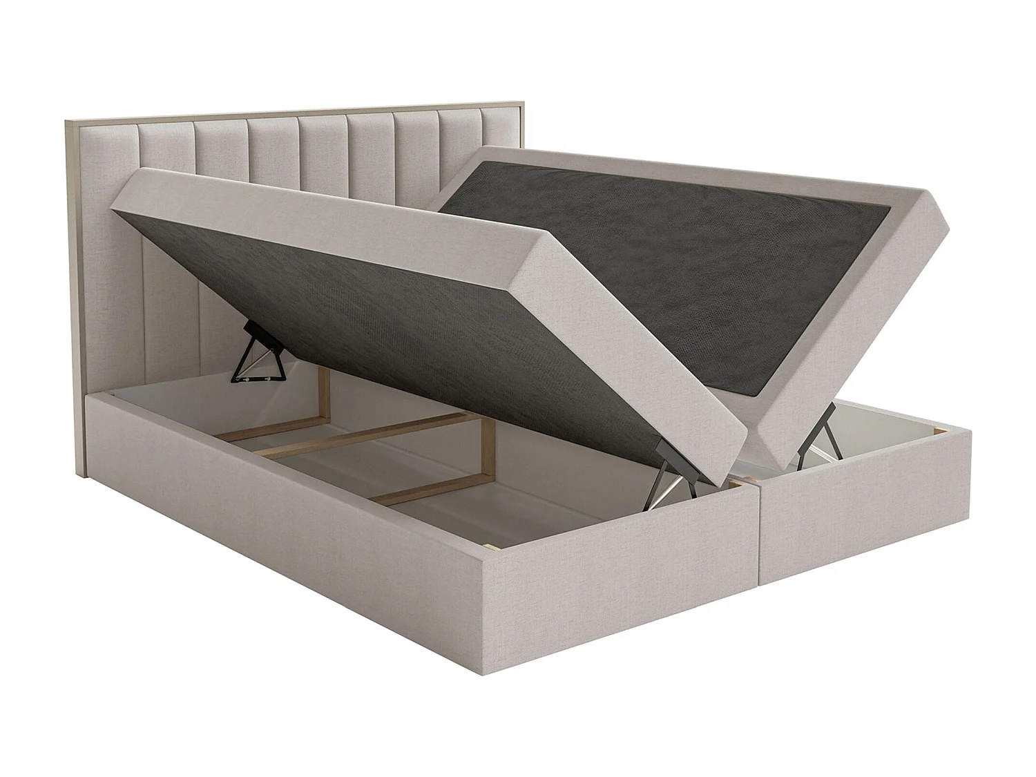 Boxspringbed 140x200 – opbergruimte en topper – hydrofobe chenille – grijsbeige – TOGENTS