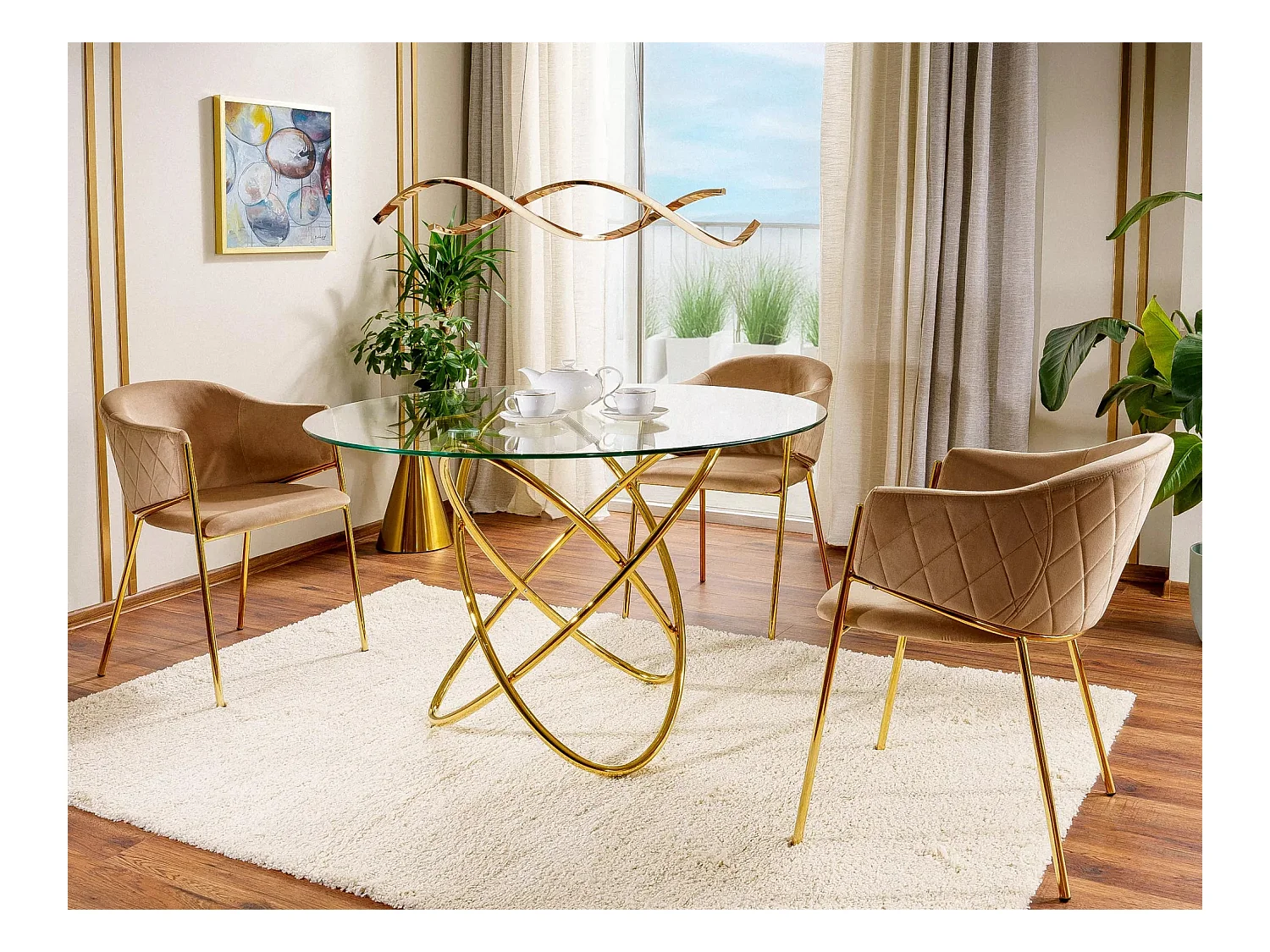 Table à manger Orbit/Verre/Métal précieux/Ronde/Or