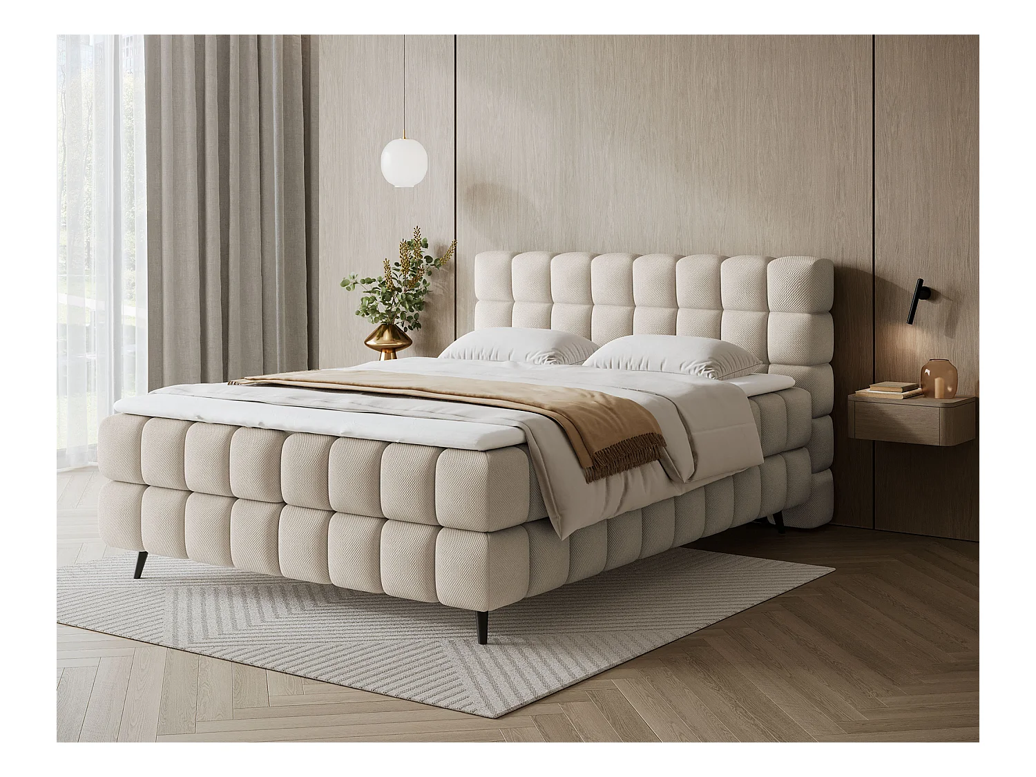 Letto box spring Damian/140x200/rivestimento in tessuto/Beige