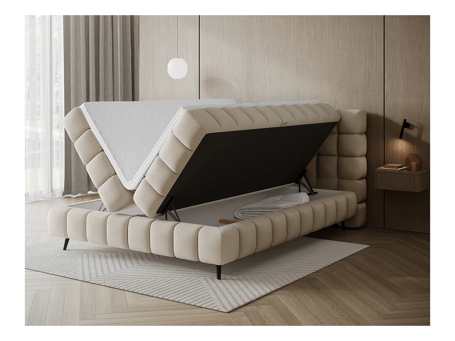 Letto box spring Damian/140x200/rivestimento in tessuto/Beige