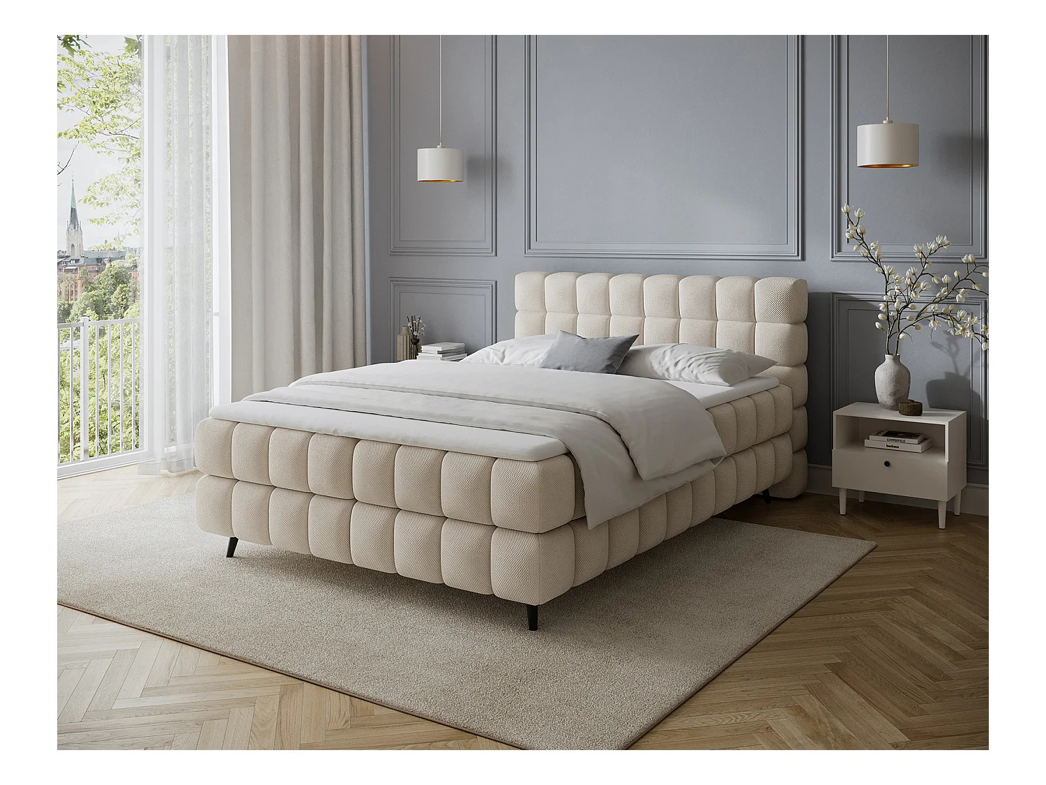 Letto box spring Damian/140x200/rivestimento in tessuto/Beige