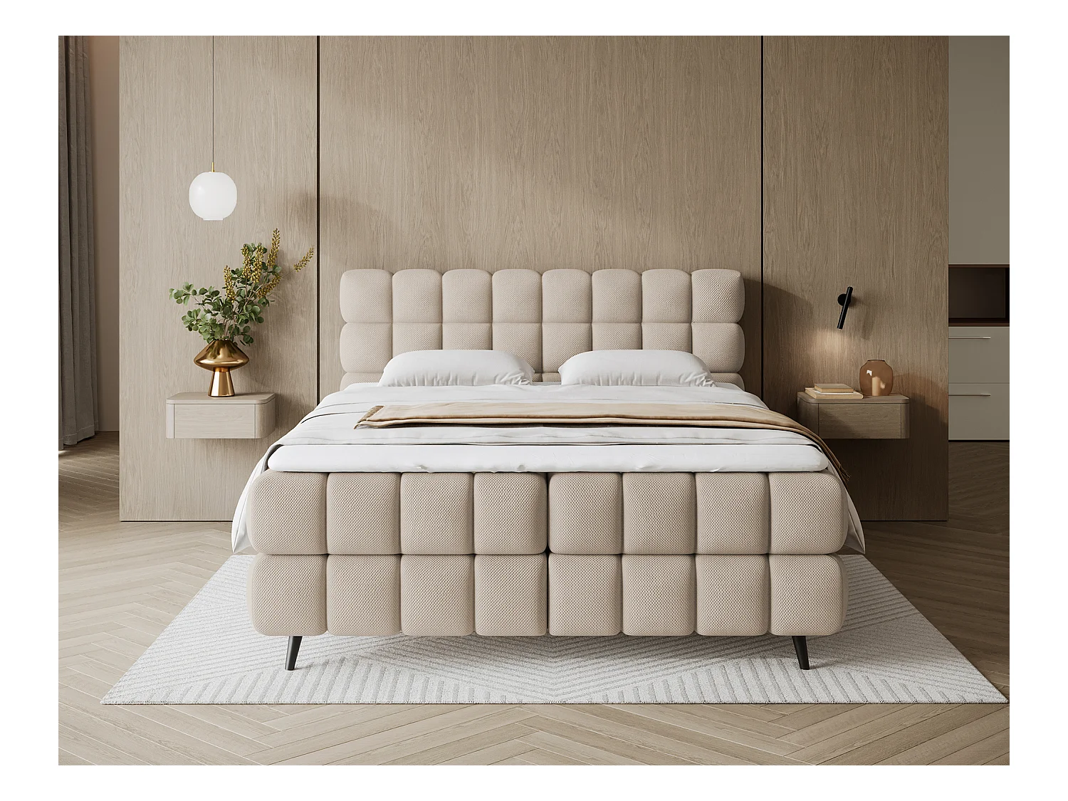 Letto box spring Damian/140x200/rivestimento in tessuto/Beige