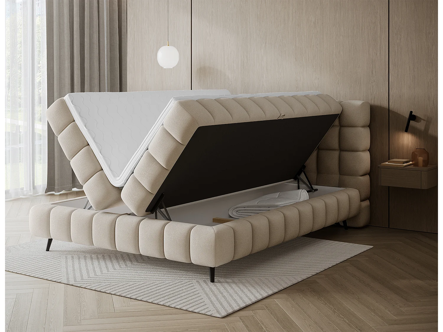 Letto box spring Damian/140x200/rivestimento in tessuto/Beige