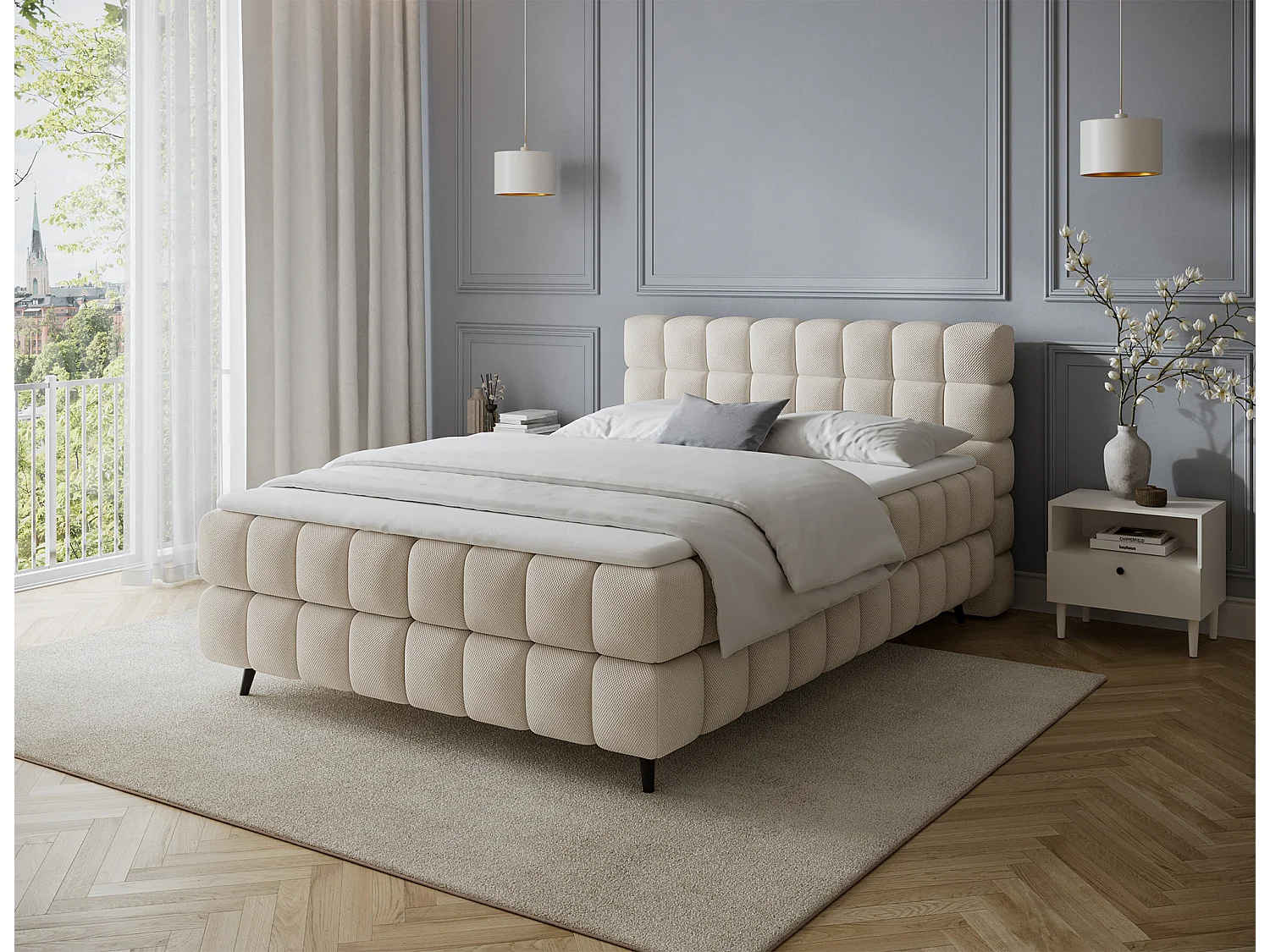 Letto box spring Damian/140x200/rivestimento in tessuto/Beige