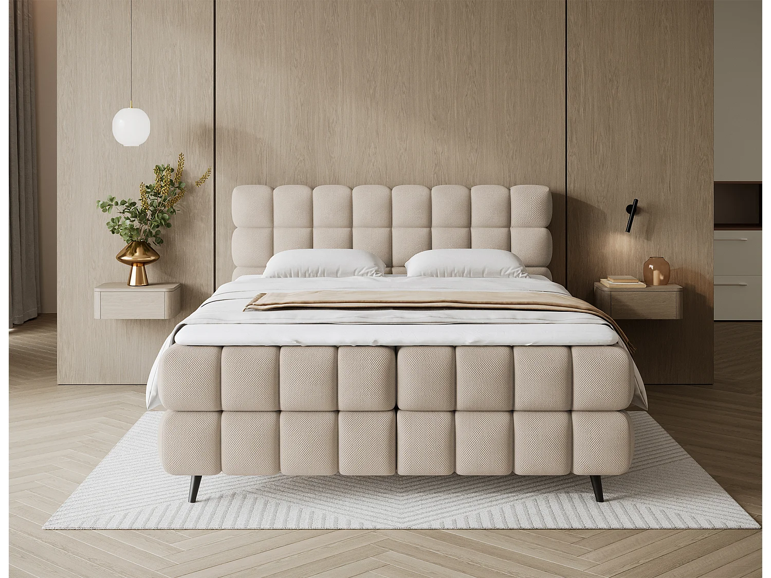 Letto box spring Damian/140x200/rivestimento in tessuto/Beige