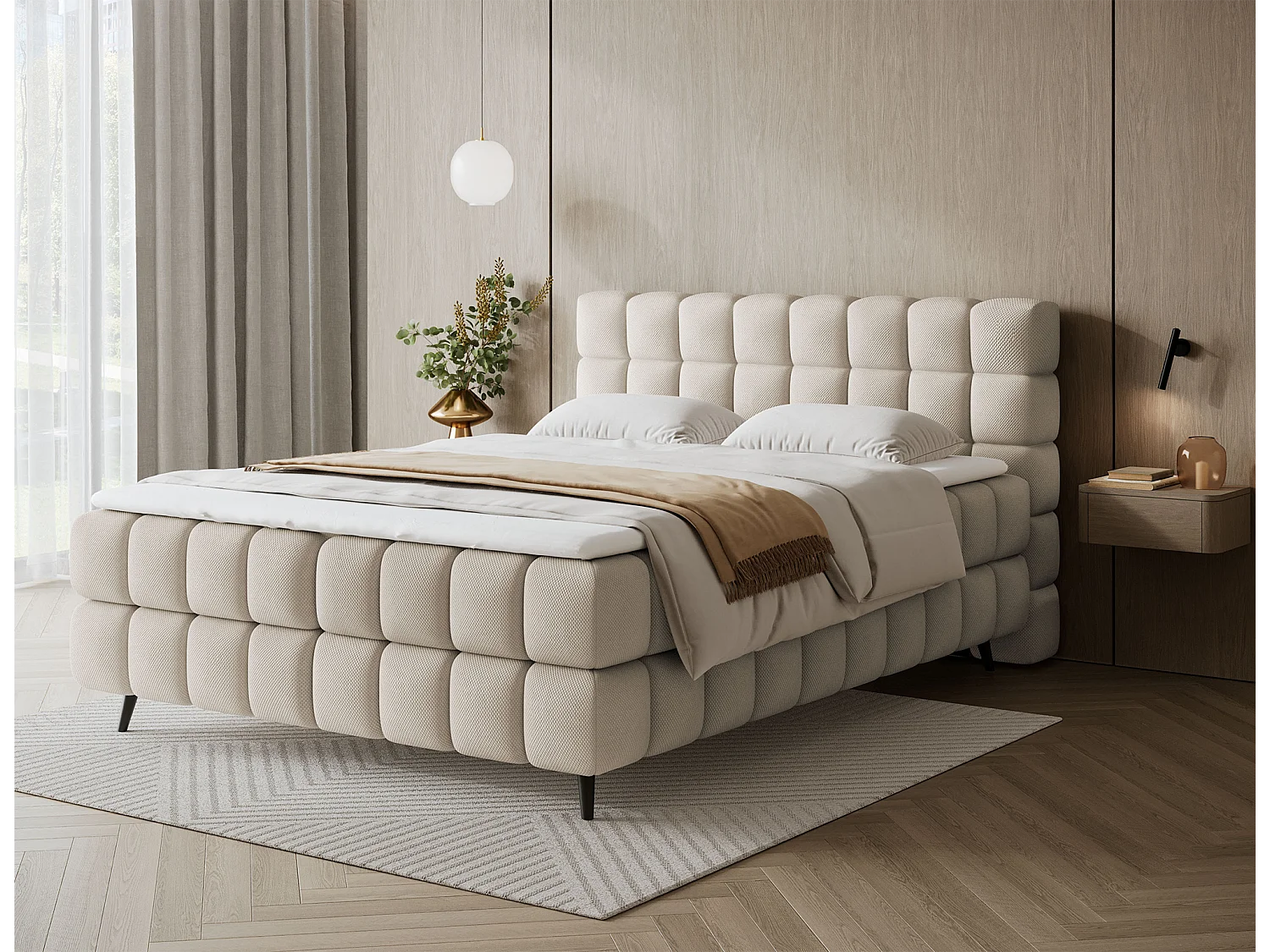 Letto box spring Damian/140x200/rivestimento in tessuto/Beige