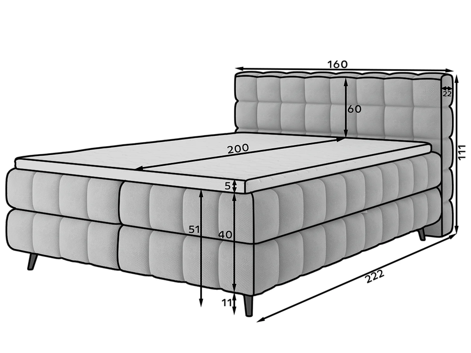 Letto box spring Damian/160x200/rivestimento in tessuto/Beige