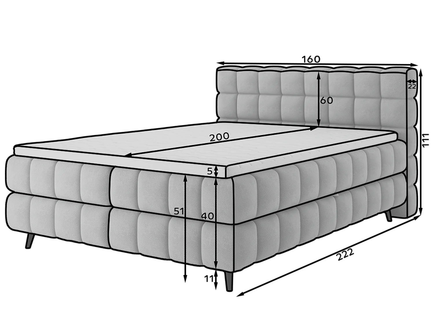 Letto box spring Damian/160x200/rivestimento in tessuto/Beige