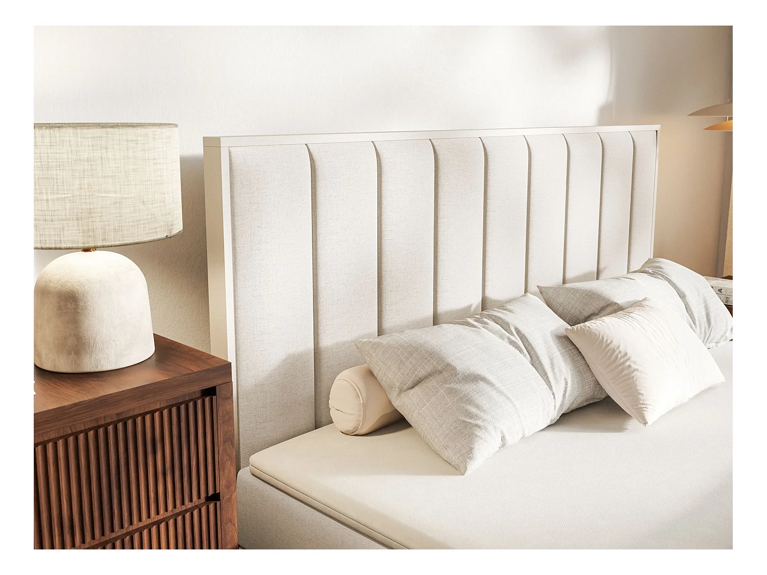 Lit boxspring 140x200 – rangement et surmatelas – chenille hydrophobe – beige clair – TOGENTS