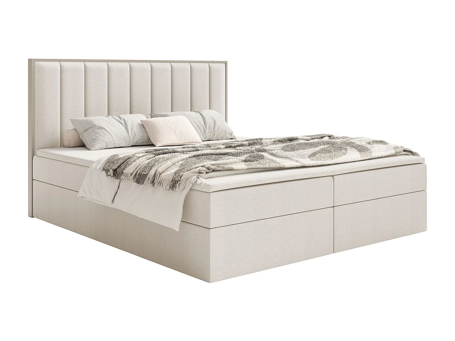 Lit boxspring 140x200 – rangement et surmatelas – chenille hydrophobe – beige clair – TOGENTS
