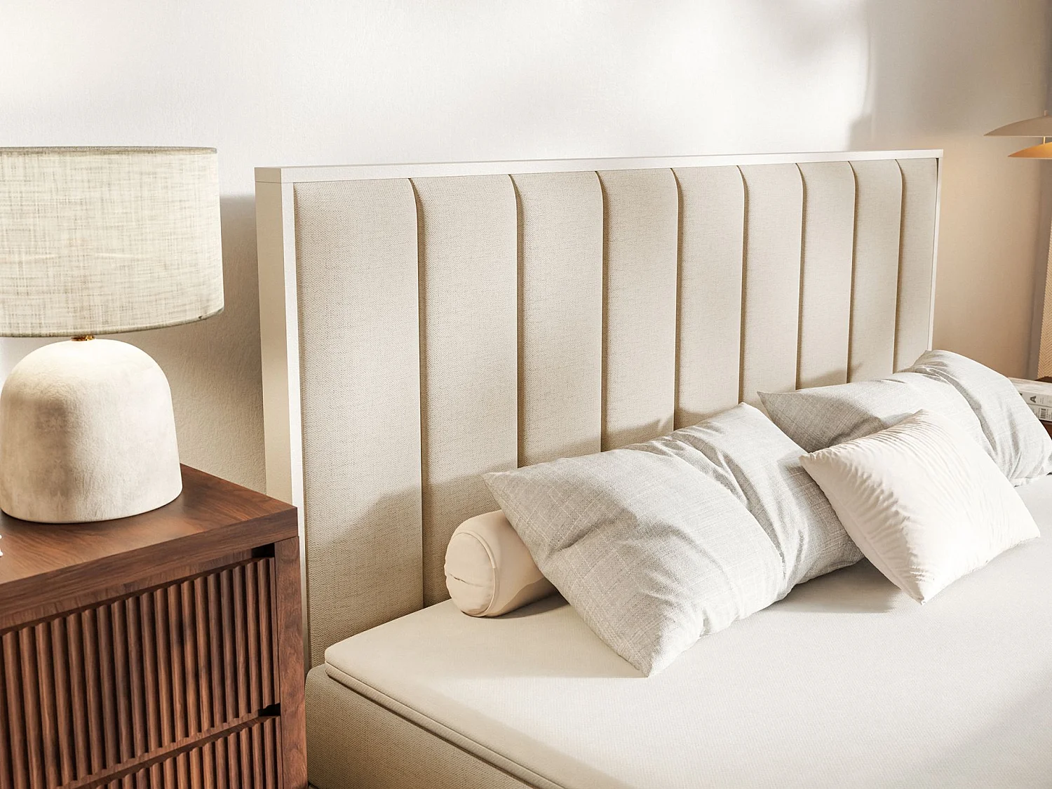 Lit boxspring 140x200 – rangement et surmatelas – chenille hydrophobe – beige – TOGENTS