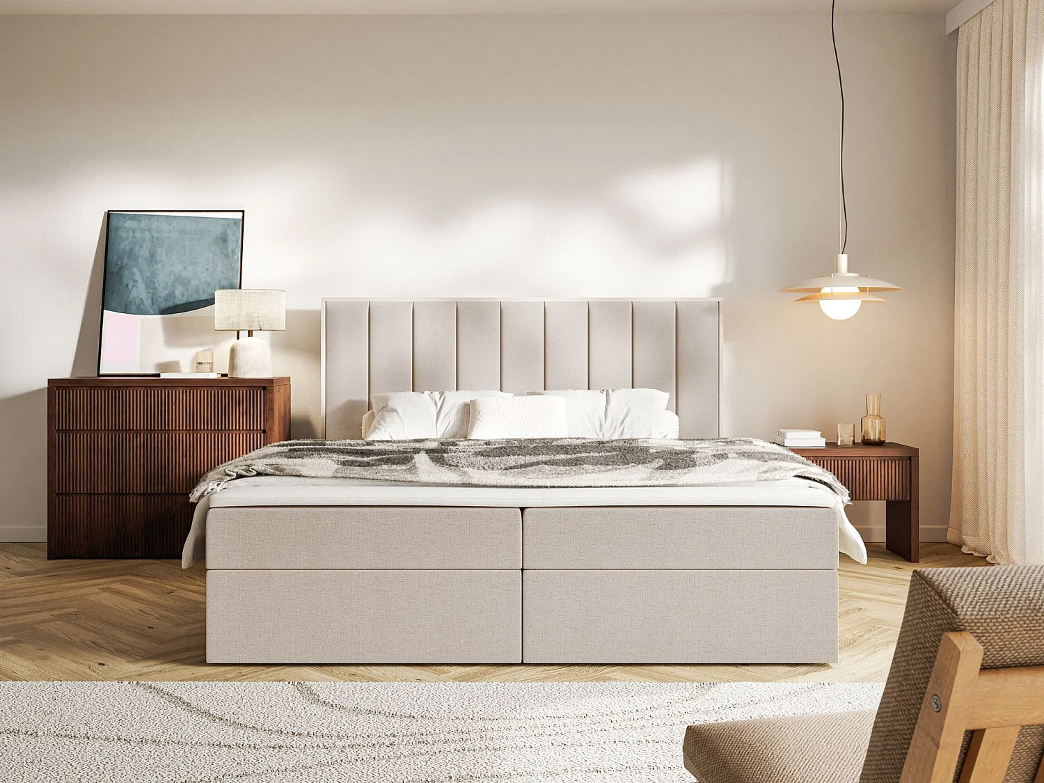 Lit boxspring 140x200 – rangement et surmatelas – chenille hydrophobe – beige – TOGENTS