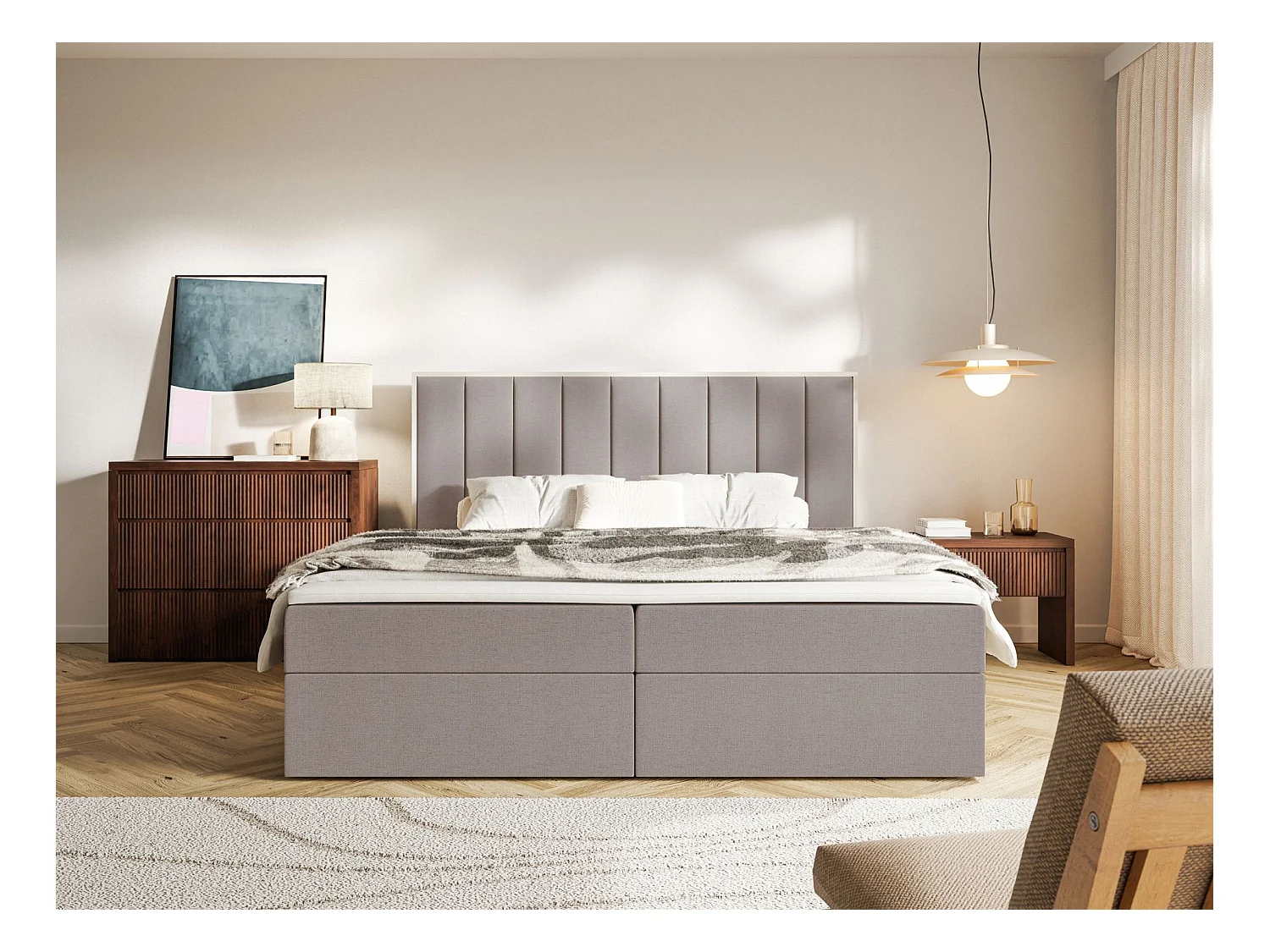 Lit boxspring 160x200 – rangement et surmatelas – chenille hydrophobe – brun – TOGENTS