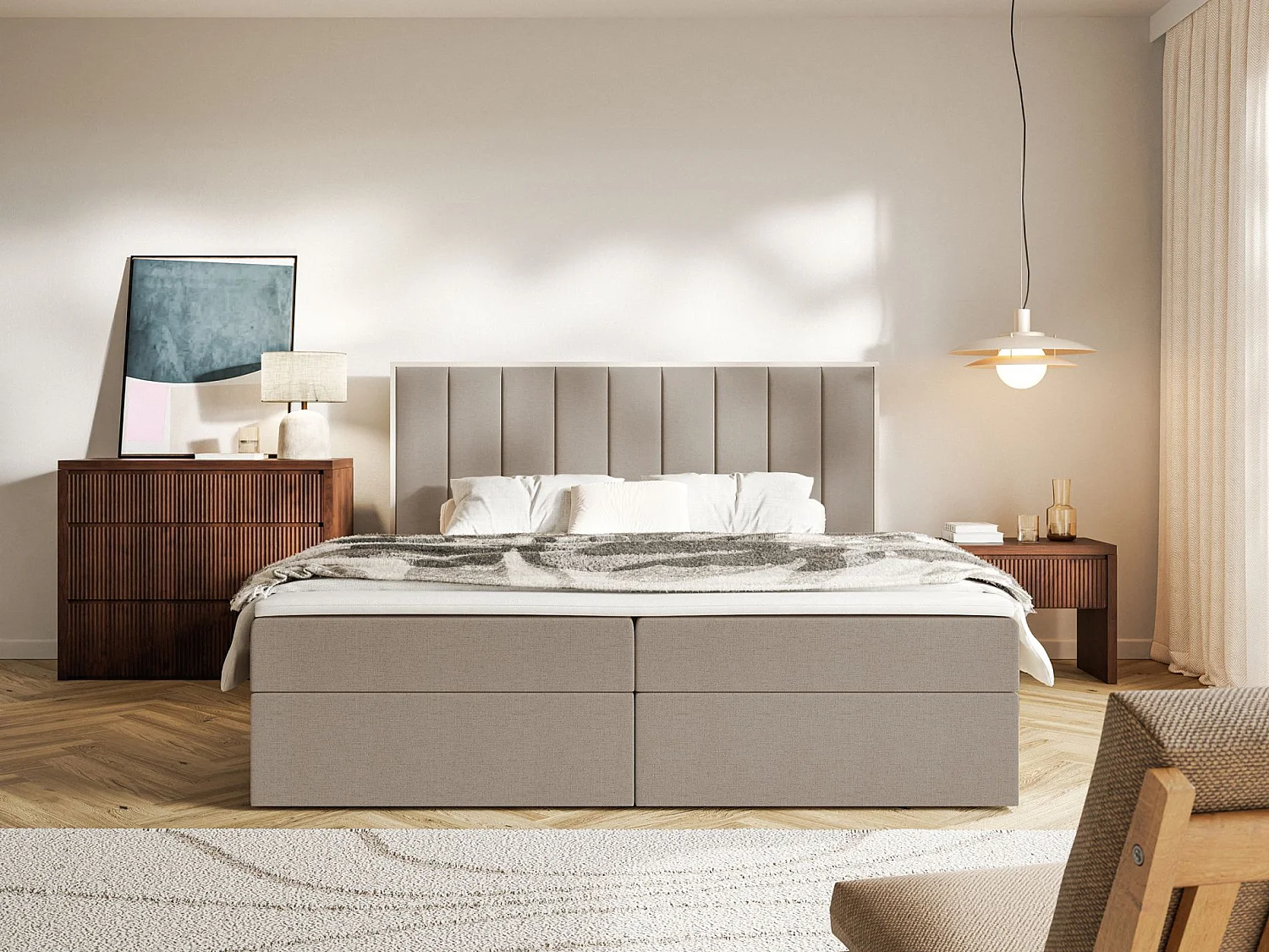 Boxspringbed 160x200 – opbergruimte en topper – hydrofobe chenille – bruin – TOGENTS