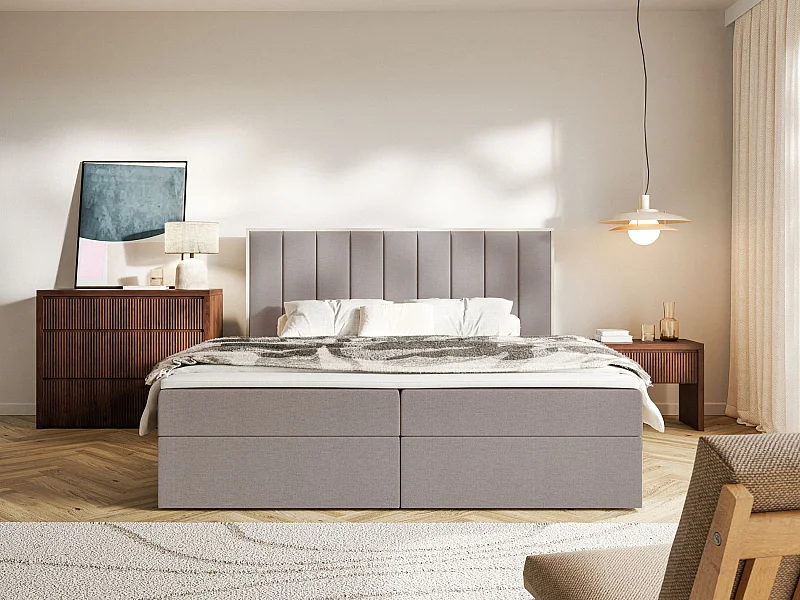 Lit boxspring 140x200 – rangement et surmatelas – chenille hydrophobe – brun – TOGENTS