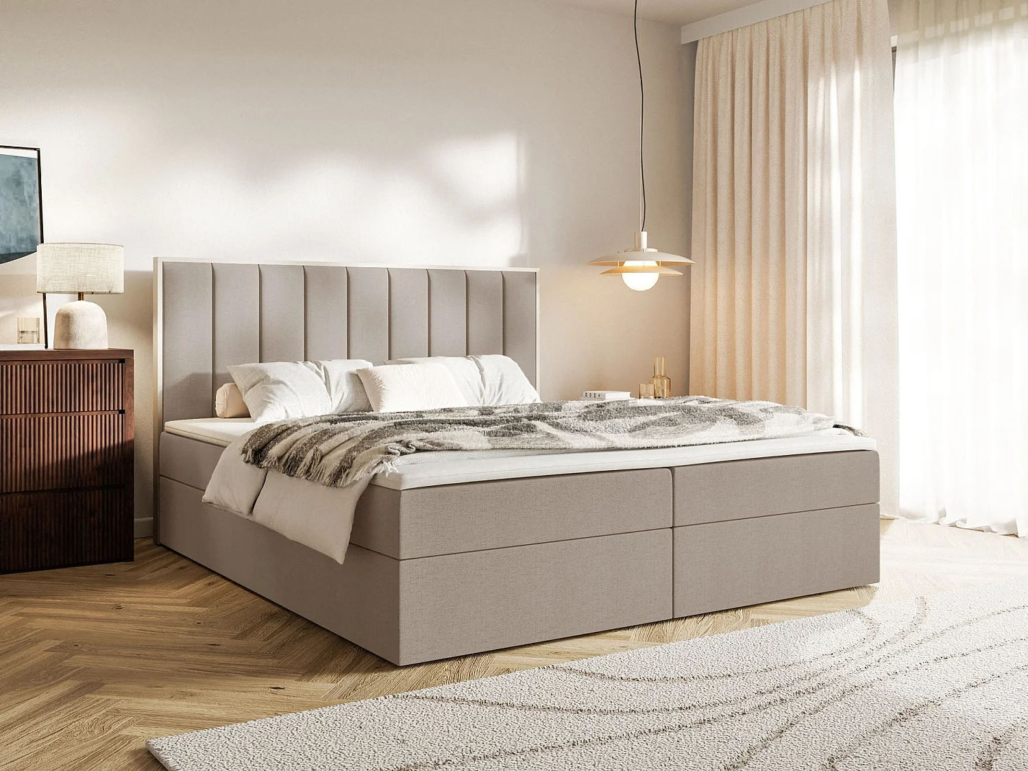 Boxspringbed 140x200 – opbergruimte en topper – hydrofobe chenille – bruin – TOGENTS