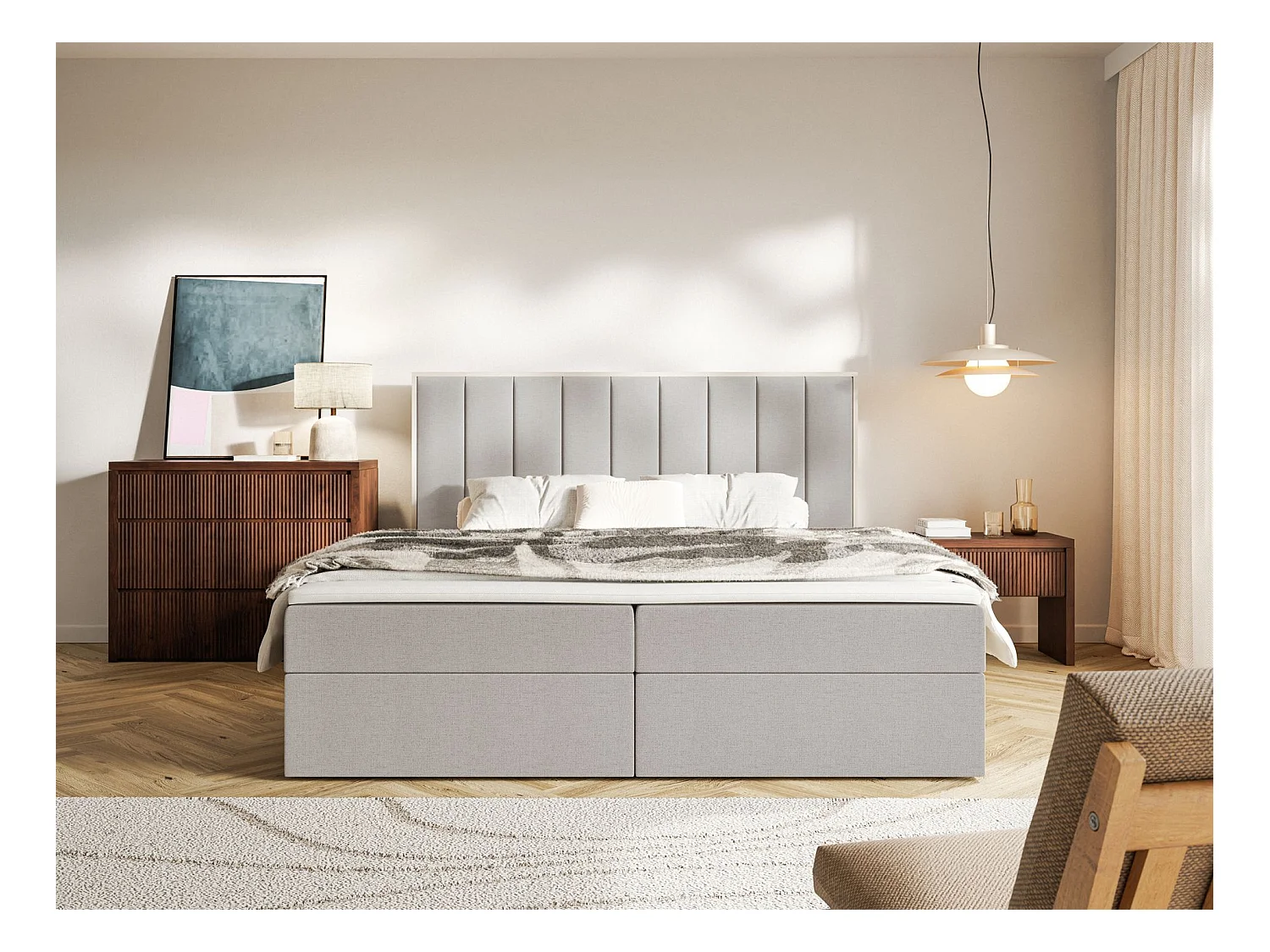Boxspringbed 180x200 – opbergruimte en topper – hydrofobe chenille – grijsbeige – TOGENTS