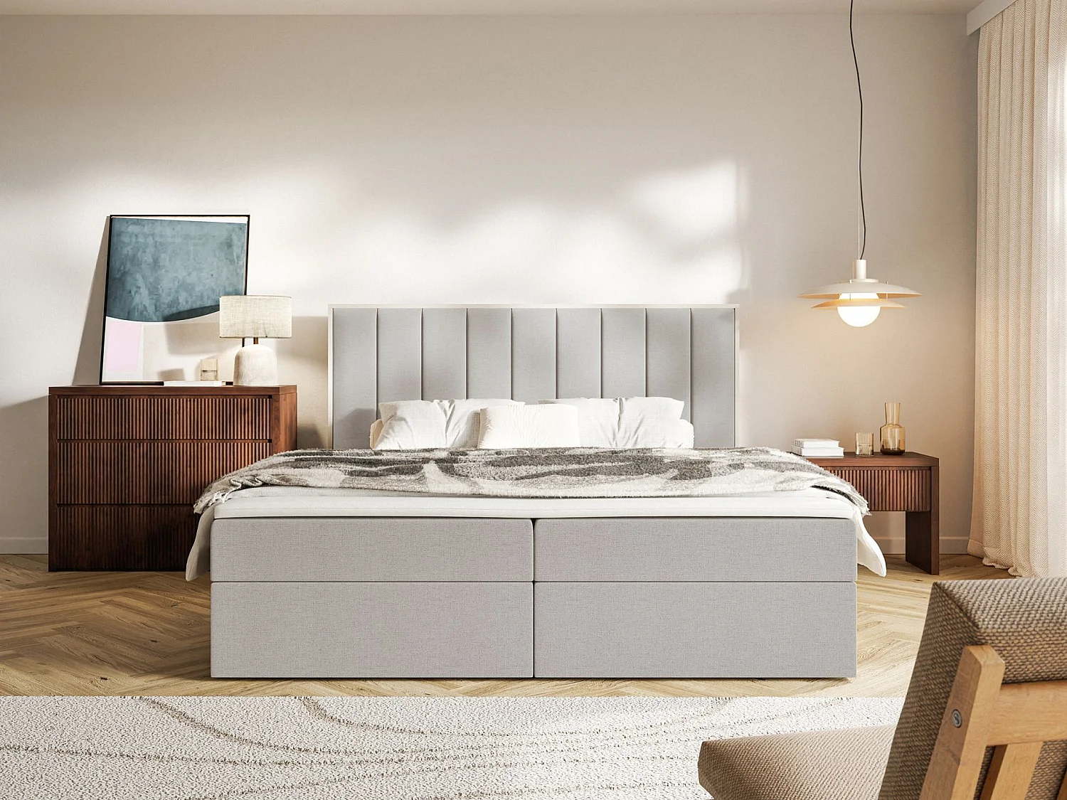 Lit boxspring 180x200 – rangement et surmatelas – chenille hydrophobe – gris beige – TOGENTS