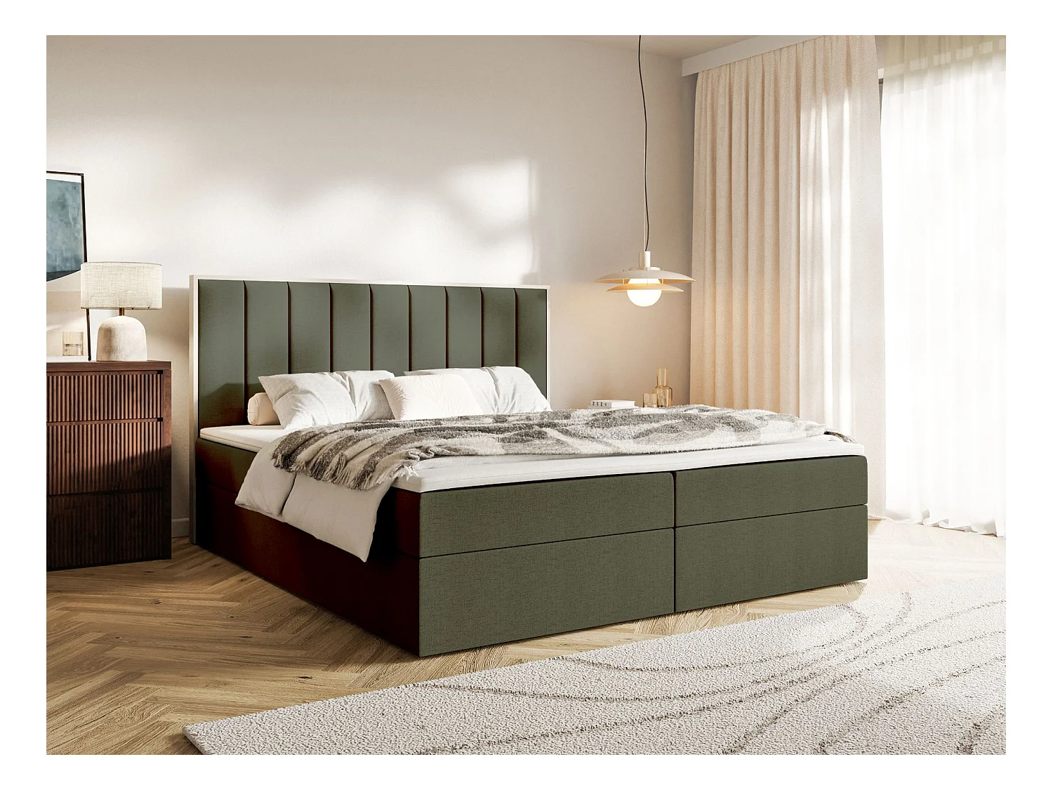 Lit boxspring 140x200 – rangement et surmatelas – chenille hydrophobe – vert foncé – TOGENTS