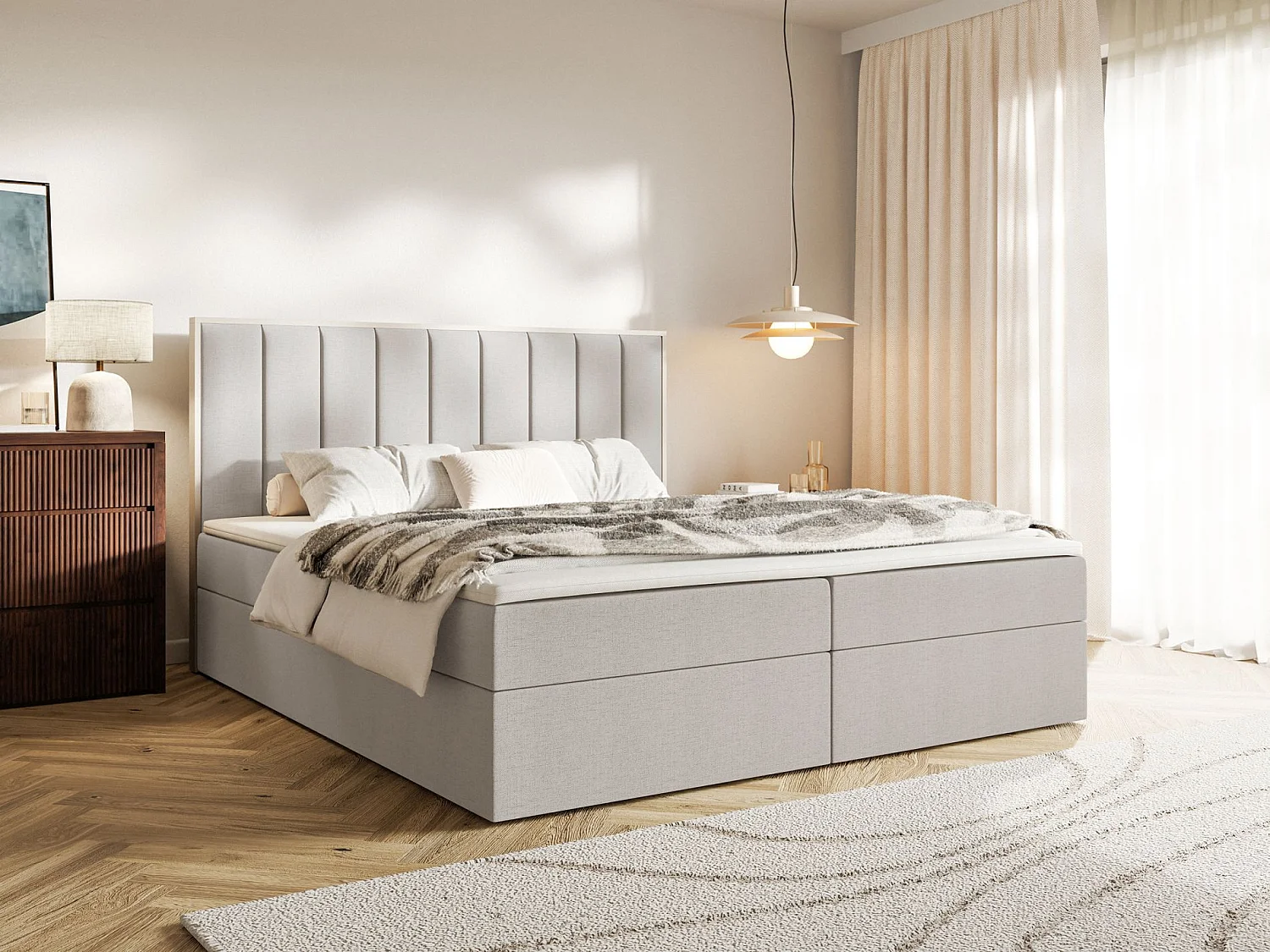 Lit boxspring 160x200 – rangement et surmatelas – chenille hydrophobe – gris beige – TOGENTS