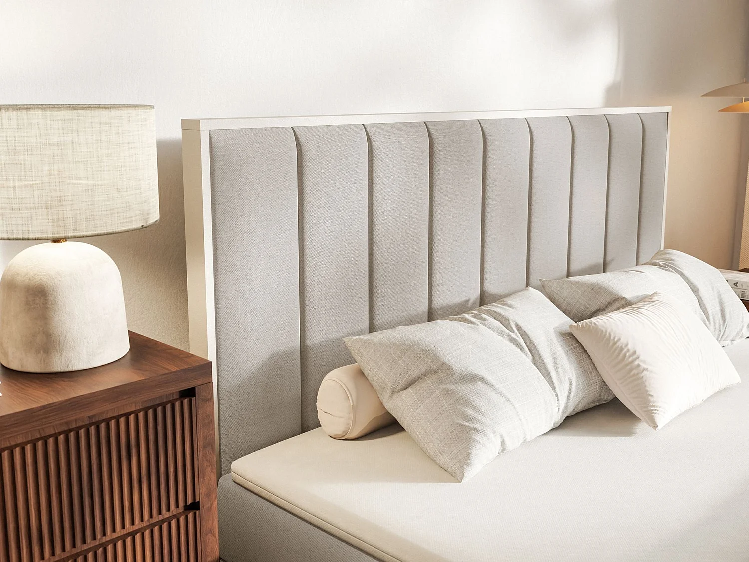 Boxspringbed 160x200 – opbergruimte en topper – hydrofobe chenille – grijsbeige – TOGENTS