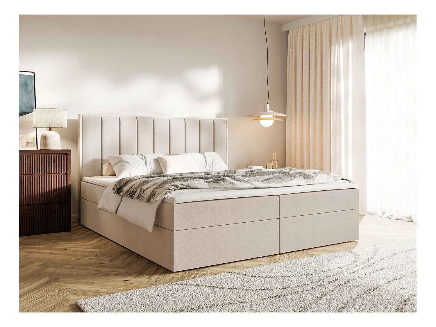 Lit boxspring 160x200 – rangement et surmatelas – chenille hydrophobe – beige – TOGENTS