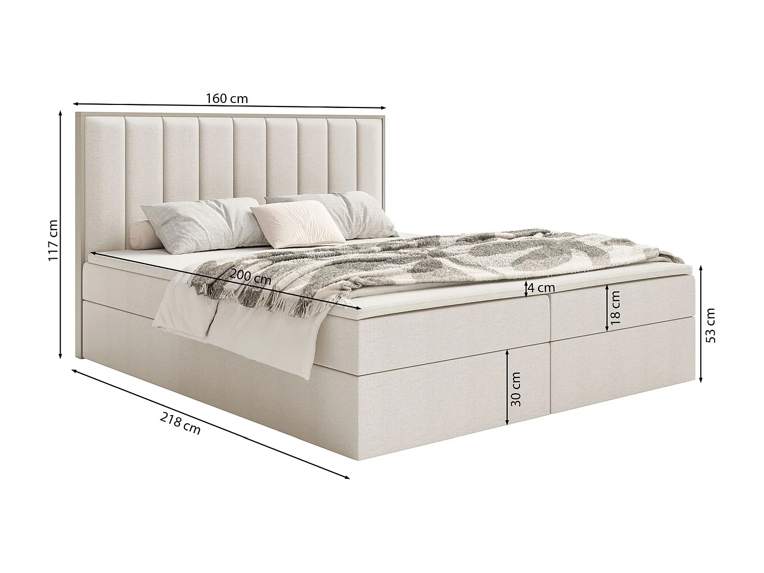 Lit boxspring 160x200 – rangement et surmatelas – chenille hydrophobe – beige – TOGENTS