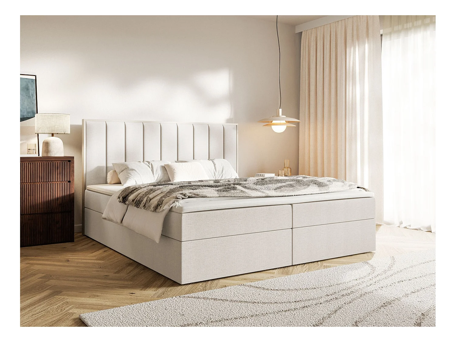 Lit boxspring 180x200 – rangement et surmatelas – chenille hydrophobe – beige clair – TOGENTS