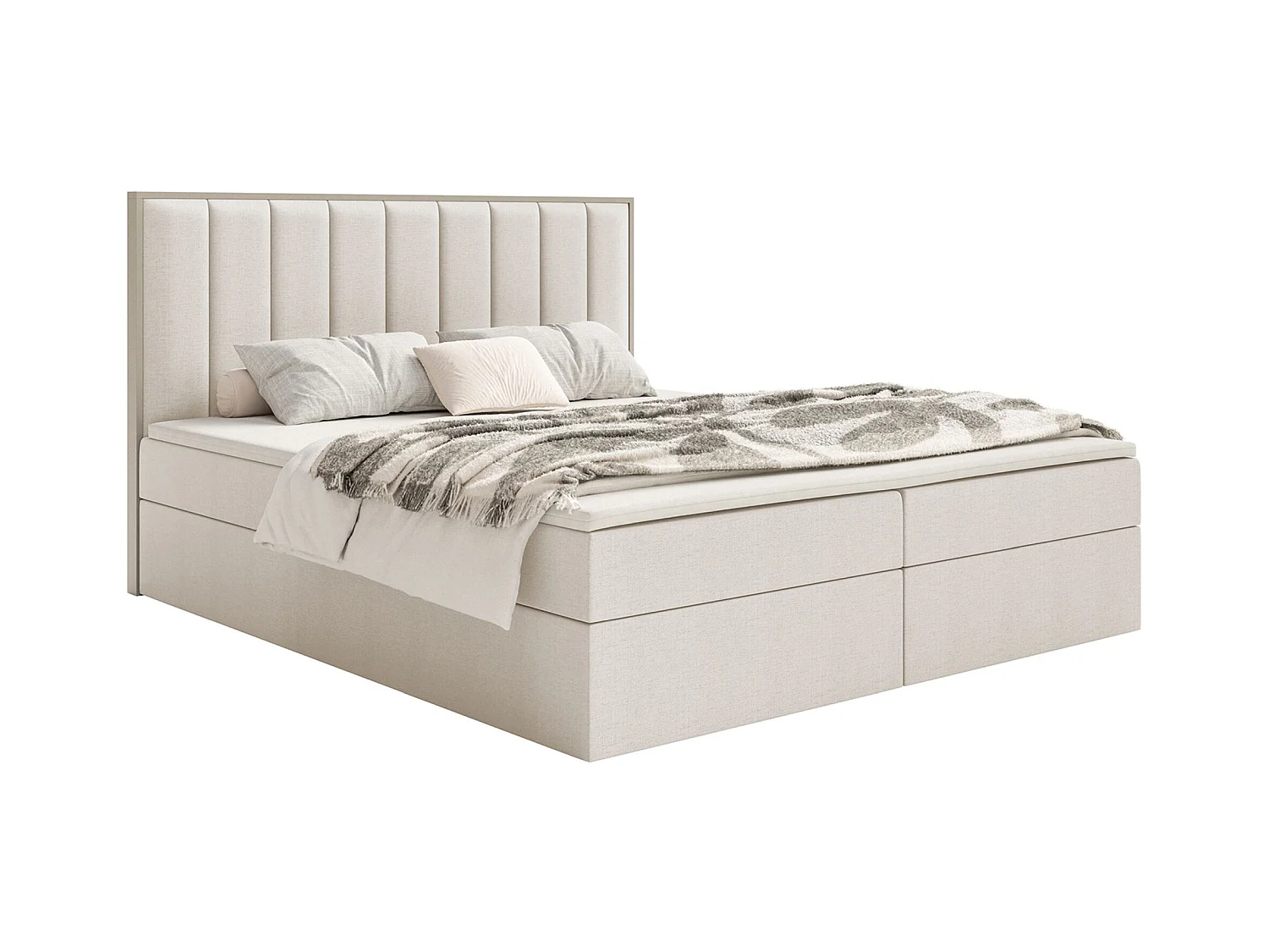 Lit boxspring 180x200 – rangement et surmatelas – chenille hydrophobe – beige clair – TOGENTS