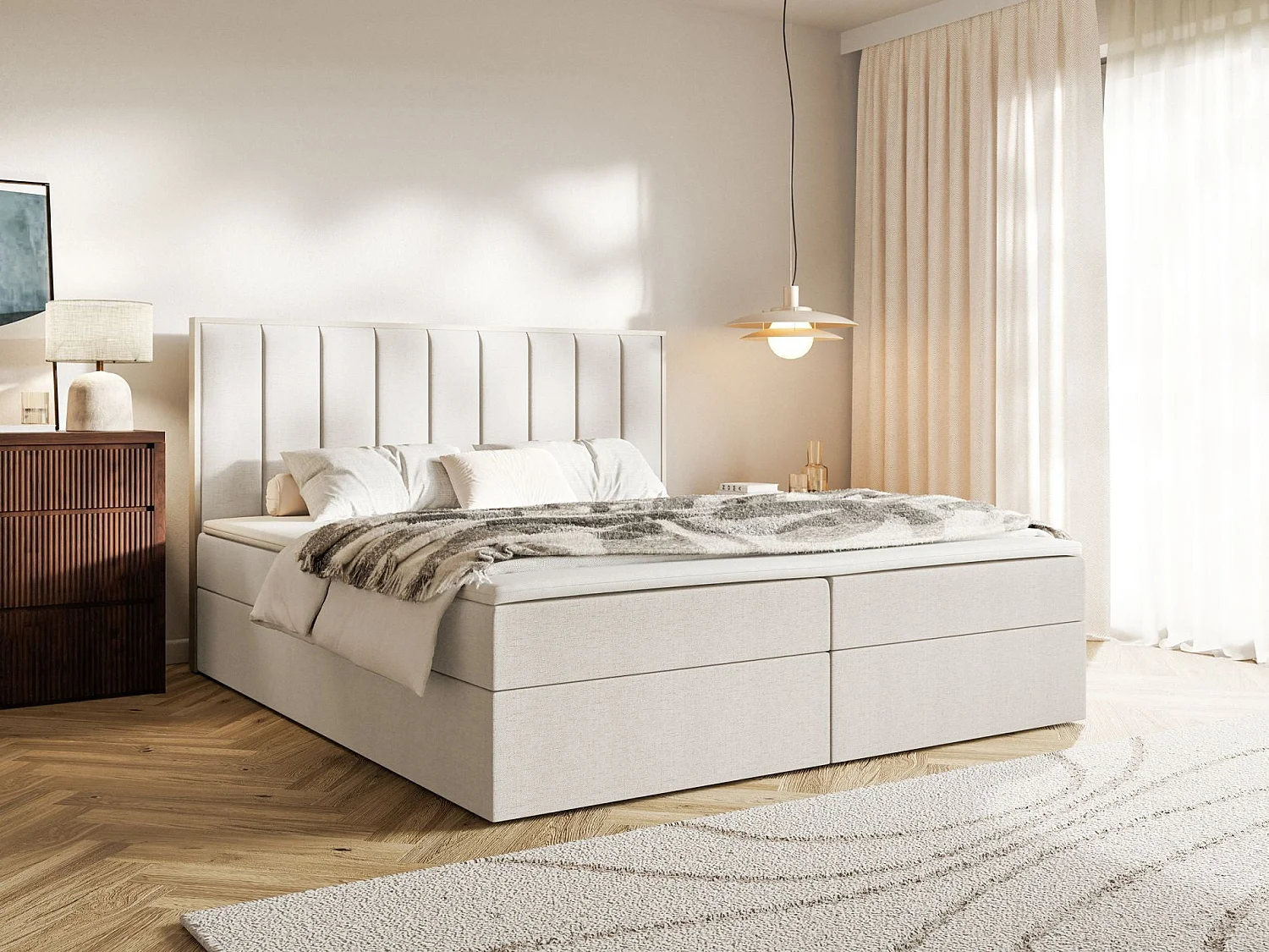 Boxspringbed 180x200 – opbergruimte en topper – hydrofobe chenille – lichtbeige – TOGENTS