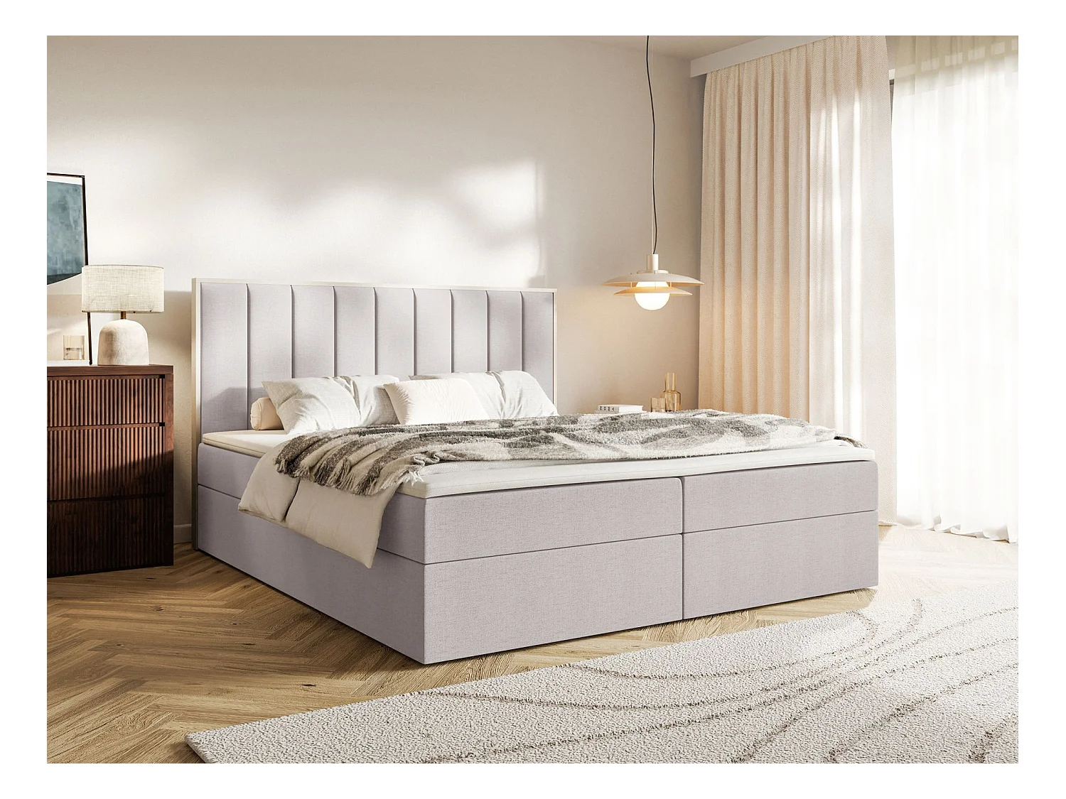 Lit boxspring 180x200 – rangement et surmatelas – chenille hydrophobe – gris – TOGENTS