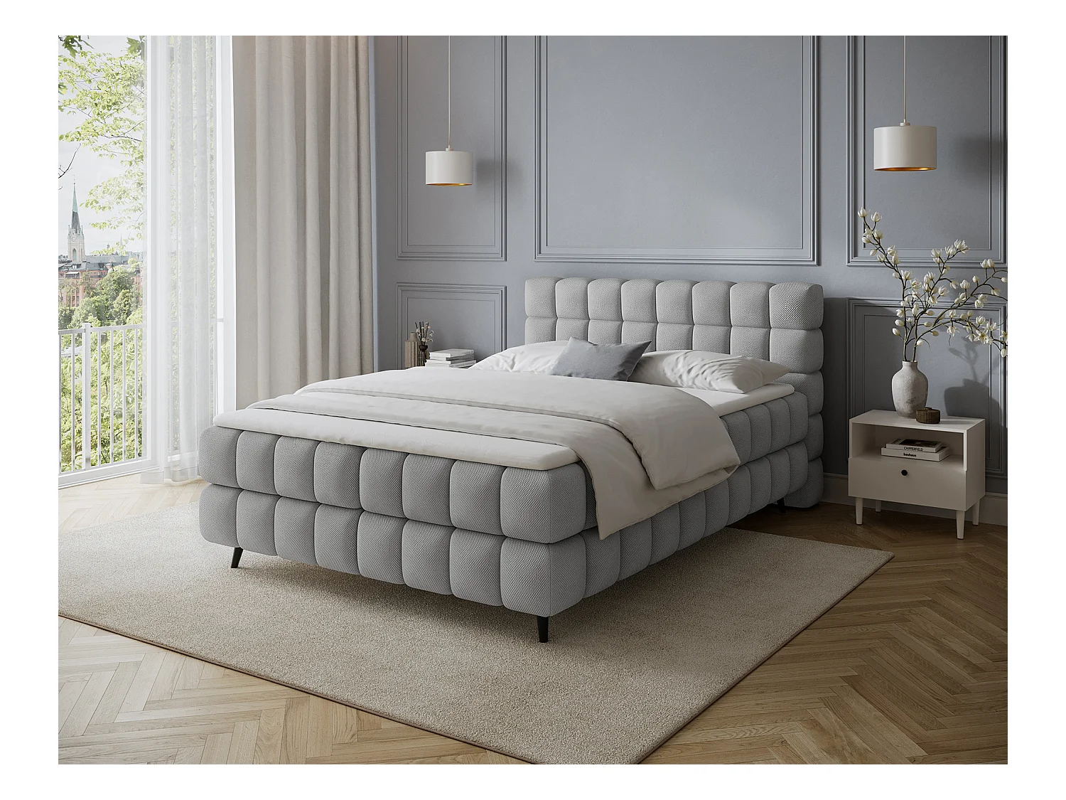 Lit boxspring Damian/180x200/revêtement tissu/Gris