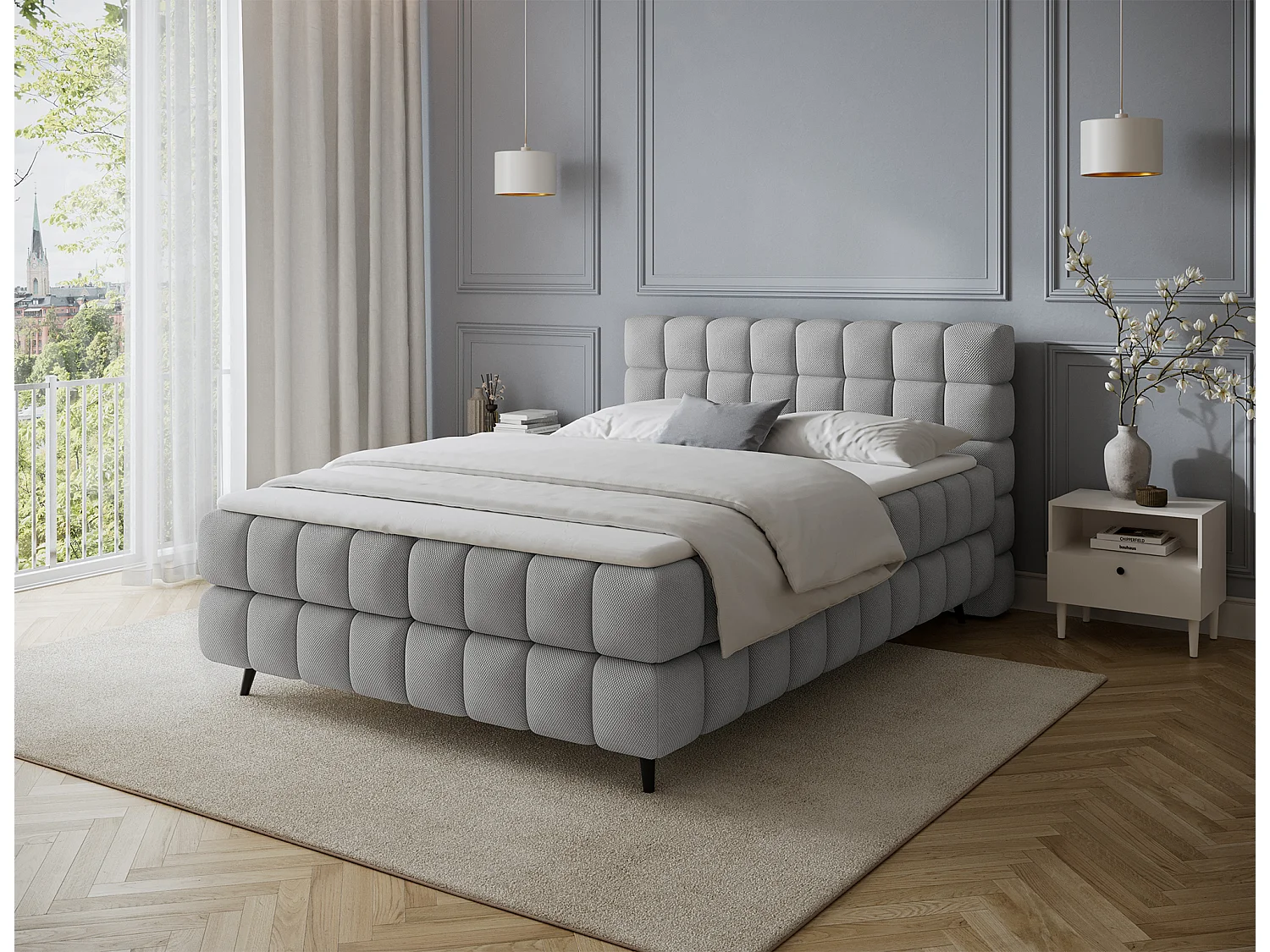 Lit boxspring Damian/180x200/revêtement tissu/Gris