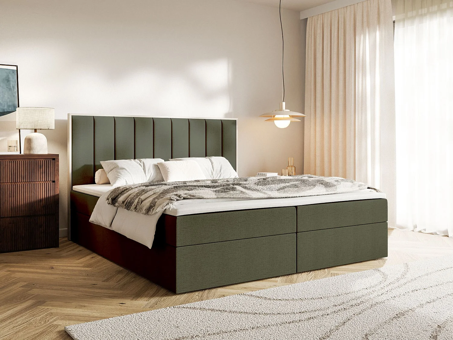 Boxspringbed 160x200 – opbergruimte en topper – hydrofobe chenille – donkergroen – TOGENTS