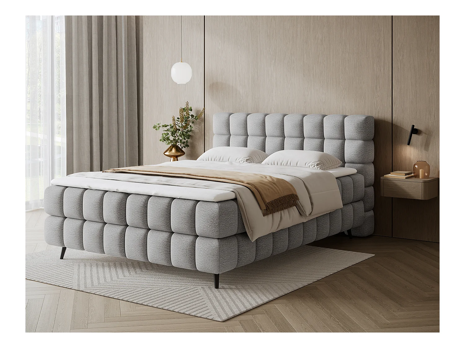 Letto box spring Damian/140x200/rivestimento in tessuto/Grigio