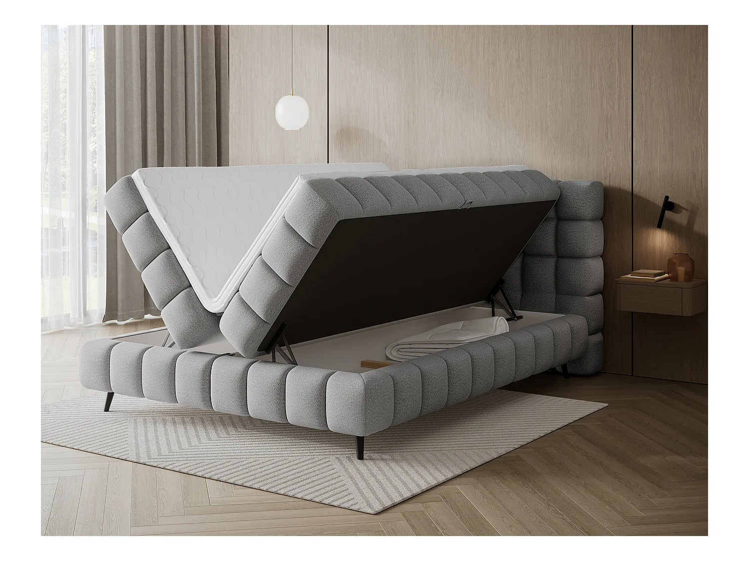 Letto box spring Damian/140x200/rivestimento in tessuto/Grigio