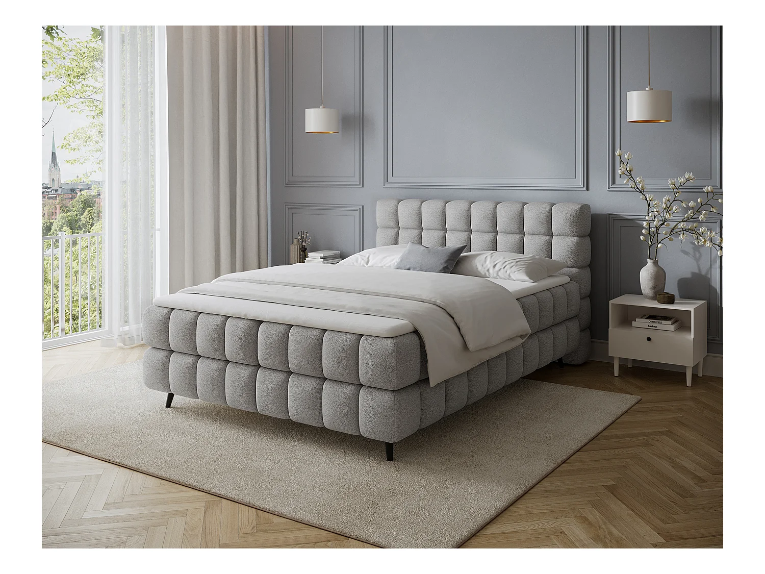 Letto box spring Damian/140x200/rivestimento in tessuto/Grigio