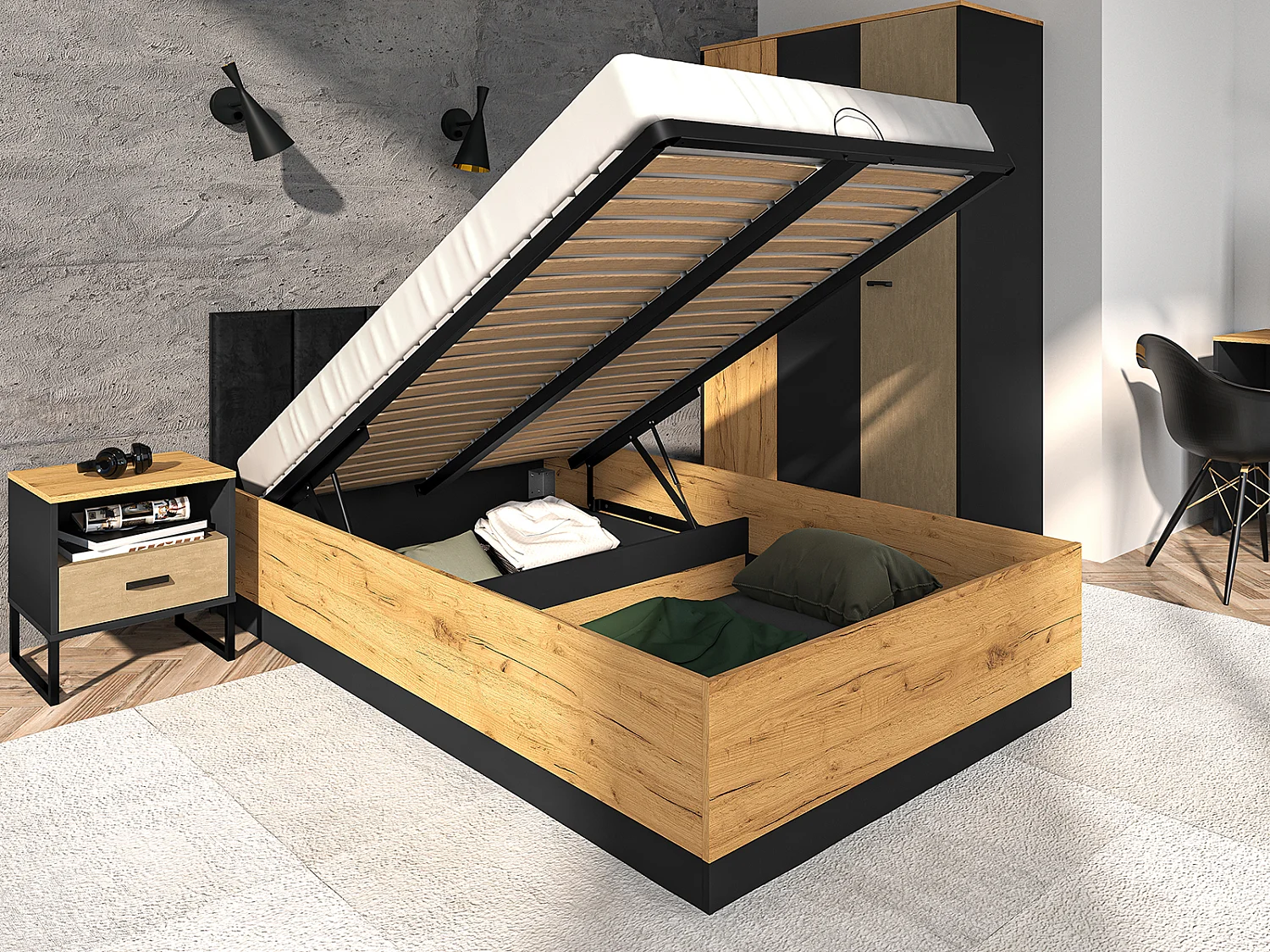 BETT Colt schwarz / Craft Gold Eiche 126 / 208 / 90cm