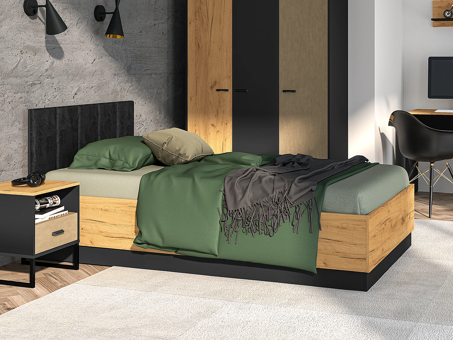 BETT Colt schwarz / Craft Gold Eiche 126 / 208 / 90cm