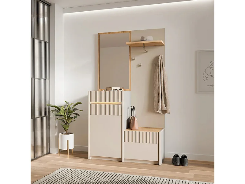 Armoire Skver/Tiroirs/Portes battantes/Tringle à vêtements/Miroir/Beige Gris Artisan