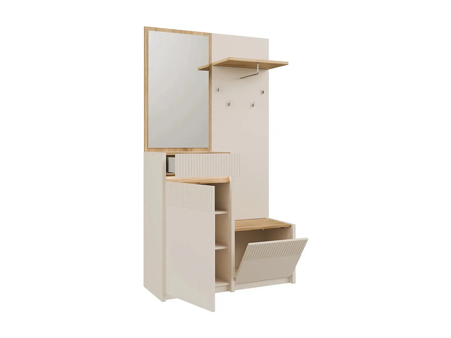 Garderobe Skver/Schubalden/Drehtüren/Kleiderstange/Spiegel/Beigegrau&Artisan