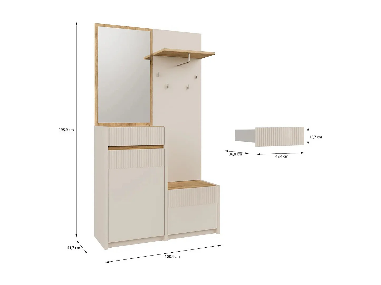 Garderobe Skver/Schubalden/Drehtüren/Kleiderstange/Spiegel/Beigegrau&Artisan