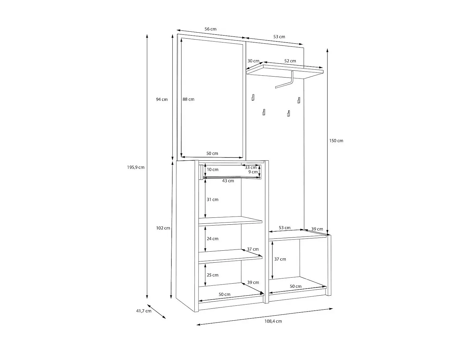 Garderobe Skver/Schubalden/Drehtüren/Kleiderstange/Spiegel/Beigegrau&Artisan